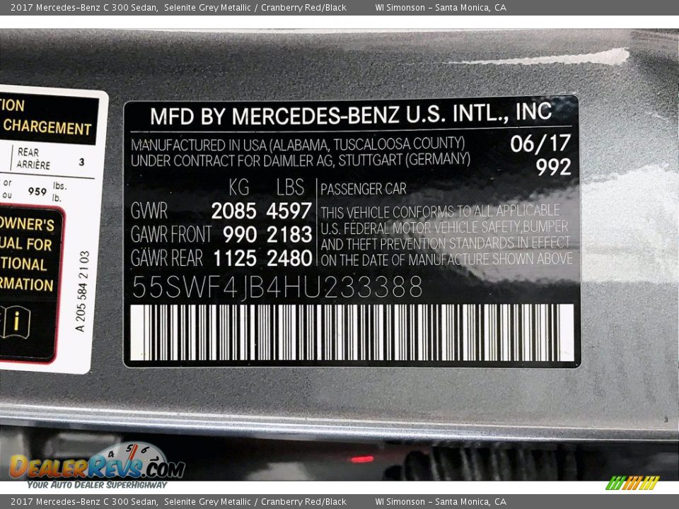 2017 Mercedes-Benz C 300 Sedan Selenite Grey Metallic / Cranberry Red/Black Photo #33