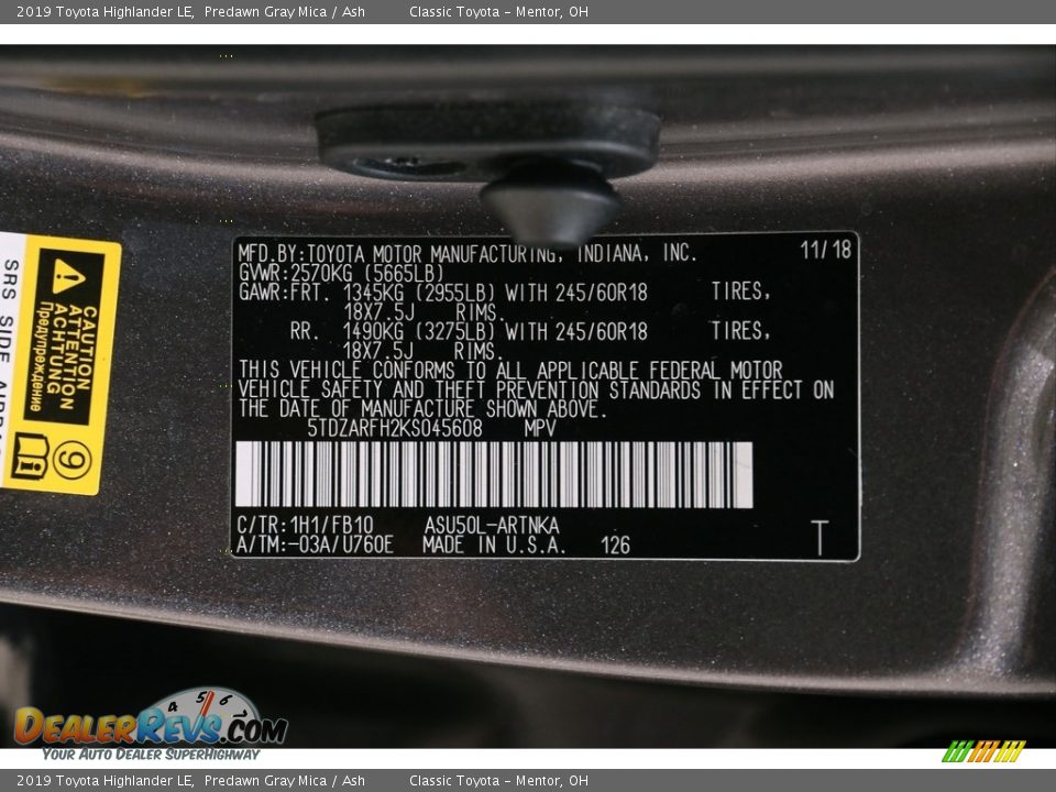 2019 Toyota Highlander LE Predawn Gray Mica / Ash Photo #22