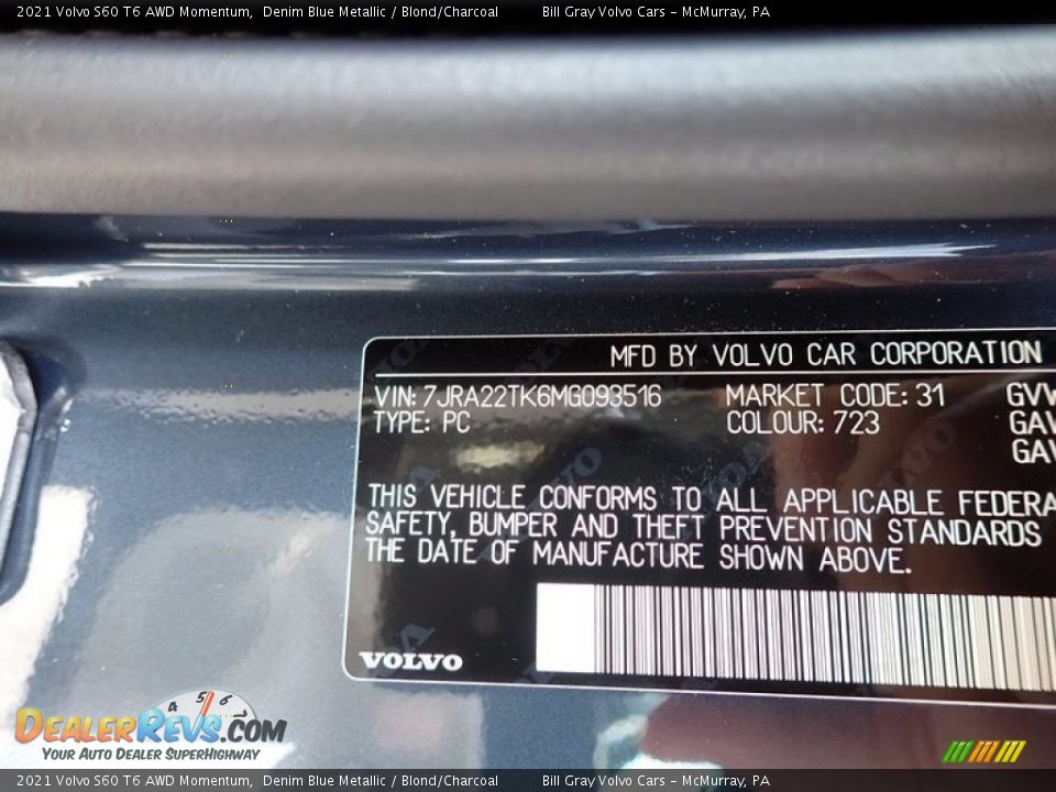 2021 Volvo S60 T6 AWD Momentum Denim Blue Metallic / Blond/Charcoal Photo #11