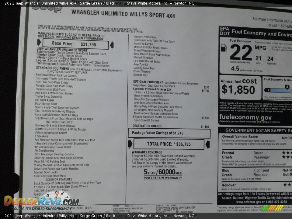 2021 Jeep Wrangler Unlimited Willys 4x4 Window Sticker Photo #26