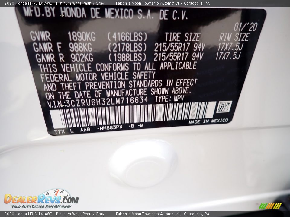 2020 Honda HR-V LX AWD Platinum White Pearl / Gray Photo #12