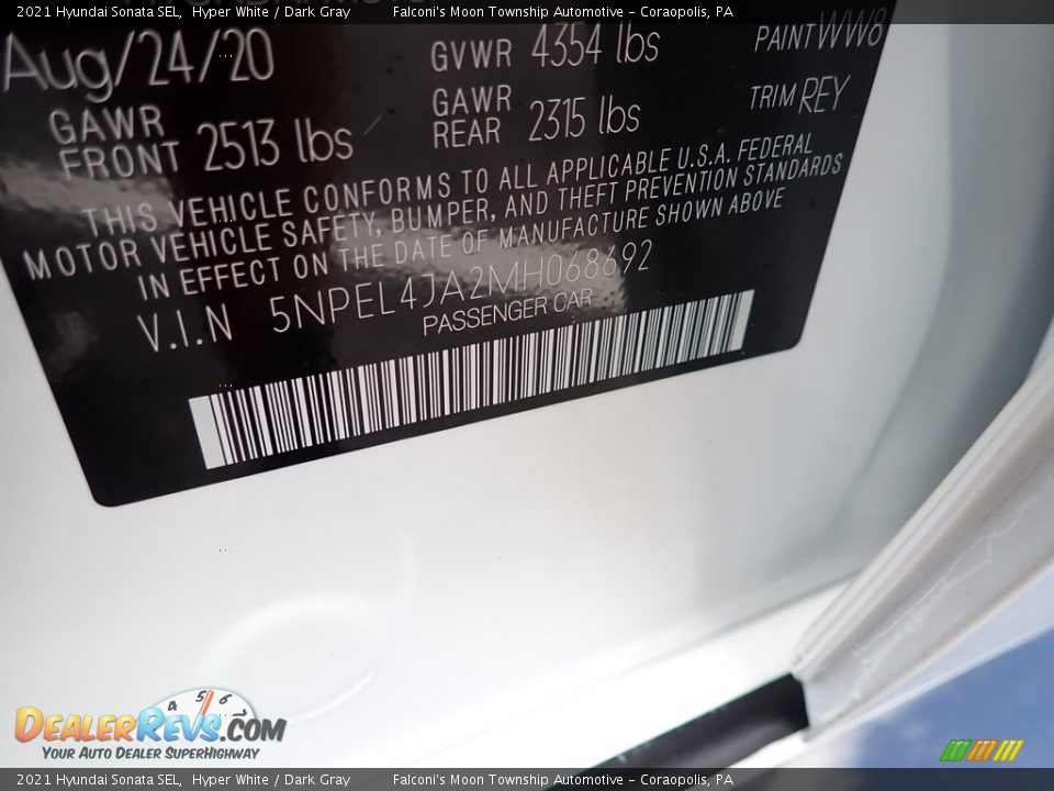 2021 Hyundai Sonata SEL Hyper White / Dark Gray Photo #12