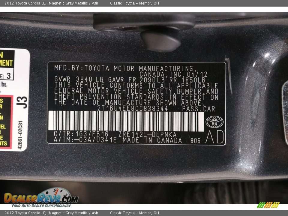 2012 Toyota Corolla LE Magnetic Gray Metallic / Ash Photo #16