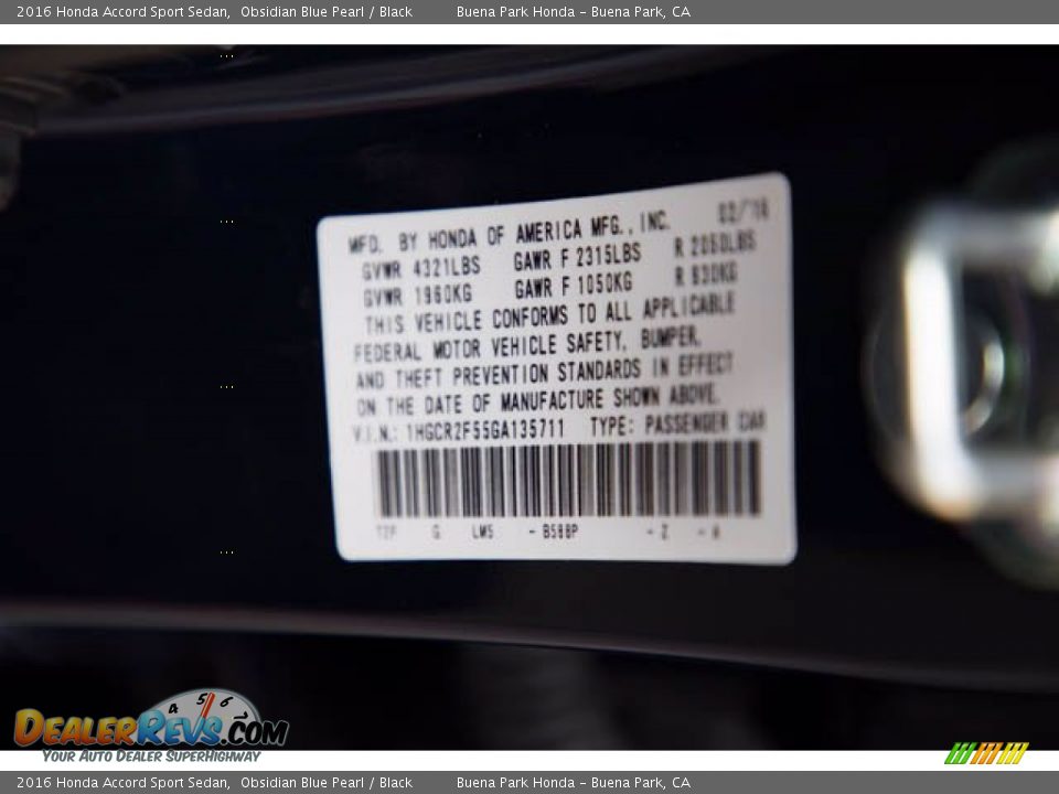 2016 Honda Accord Sport Sedan Obsidian Blue Pearl / Black Photo #35
