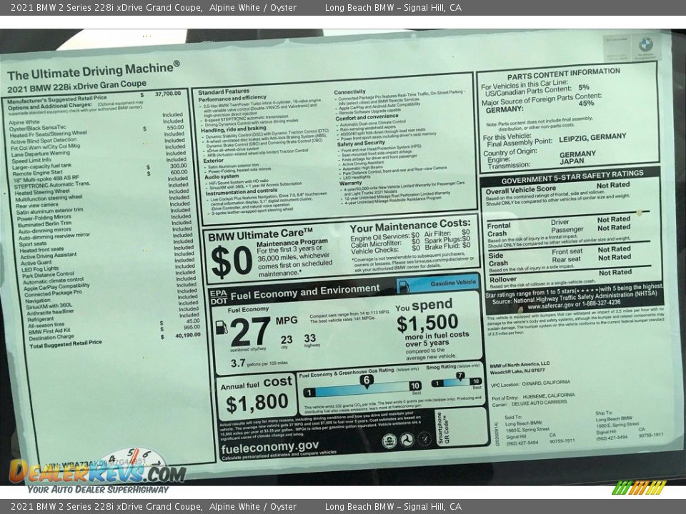 2021 BMW 2 Series 228i xDrive Grand Coupe Window Sticker Photo #17