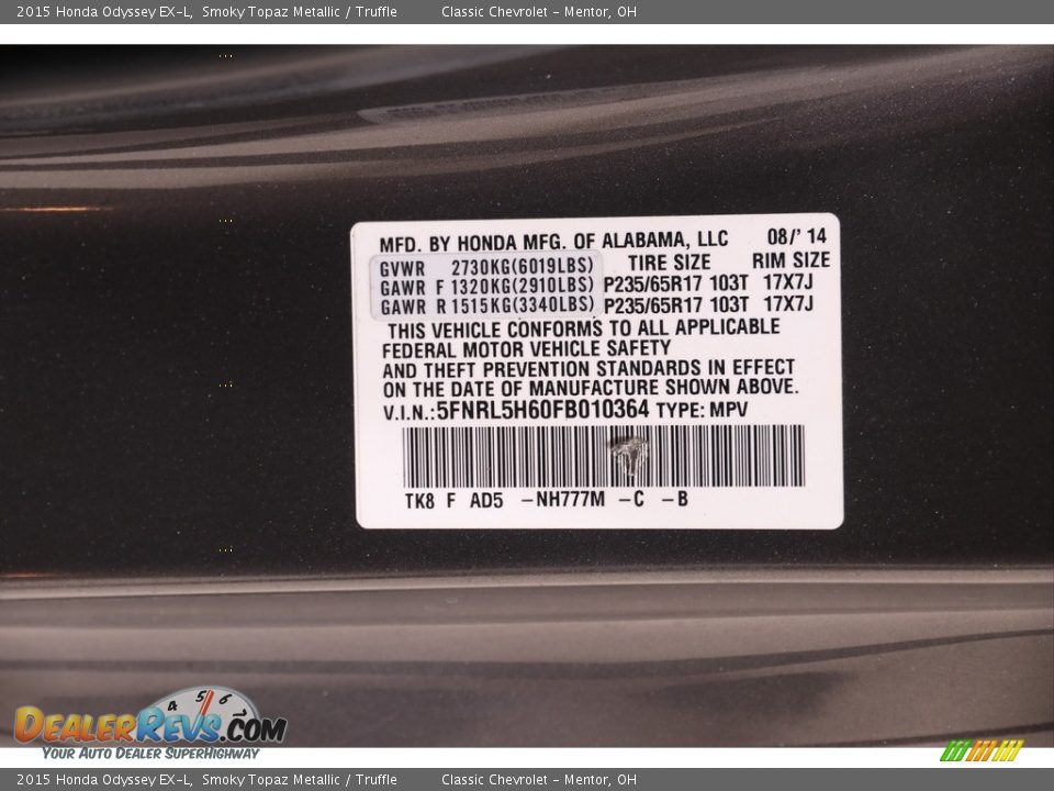 2015 Honda Odyssey EX-L Smoky Topaz Metallic / Truffle Photo #27