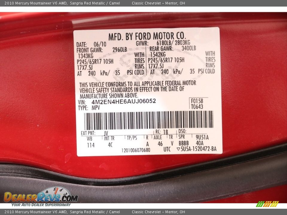 2010 Mercury Mountaineer V6 AWD Sangria Red Metallic / Camel Photo #18