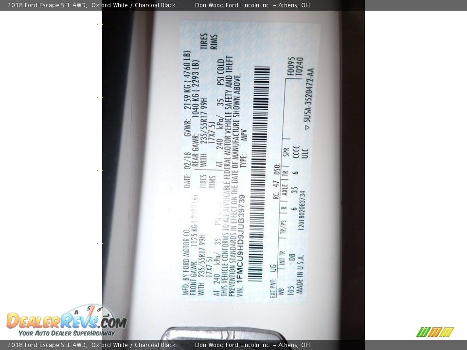 2018 Ford Escape SEL 4WD Oxford White / Charcoal Black Photo #35