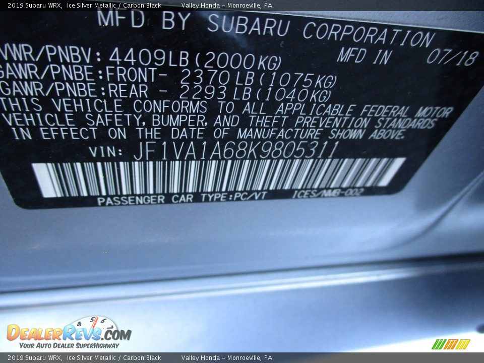 2019 Subaru WRX Ice Silver Metallic / Carbon Black Photo #19