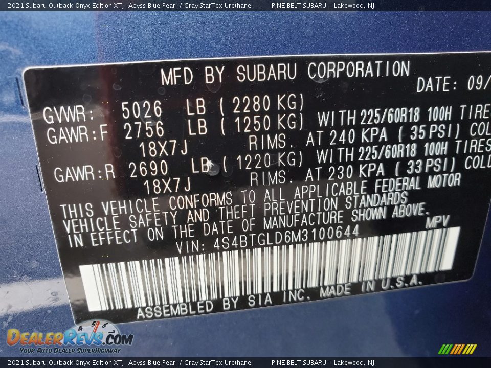 2021 Subaru Outback Onyx Edition XT Abyss Blue Pearl / Gray StarTex Urethane Photo #14