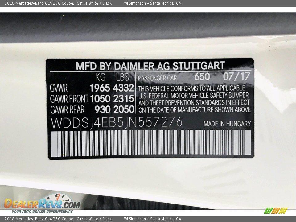 2018 Mercedes-Benz CLA 250 Coupe Cirrus White / Black Photo #33