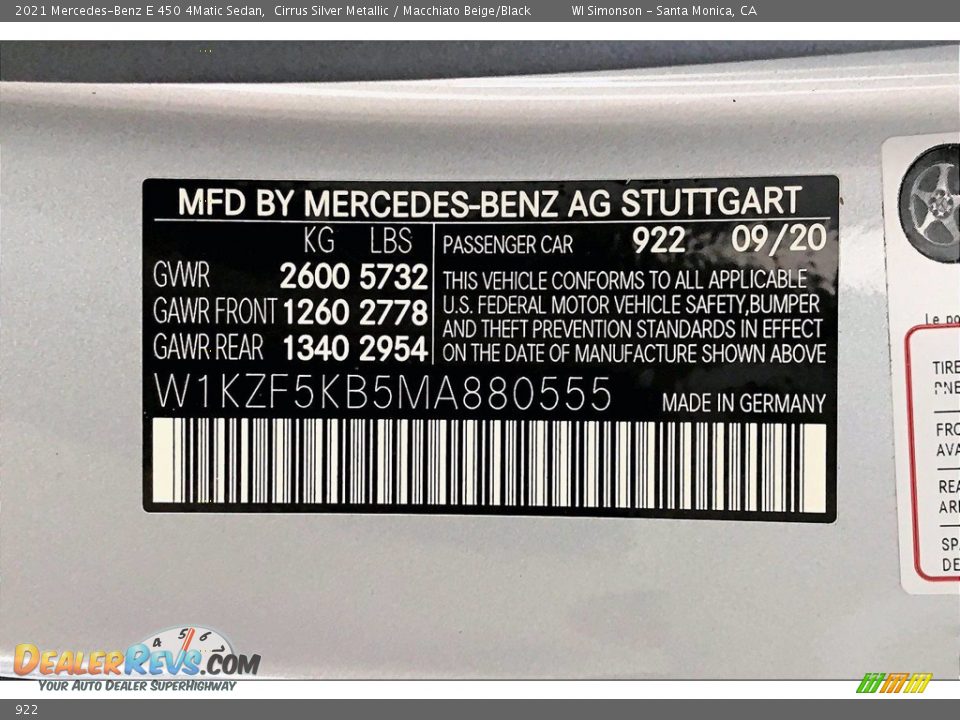 Mercedes-Benz Color Code 922 Cirrus Silver Metallic