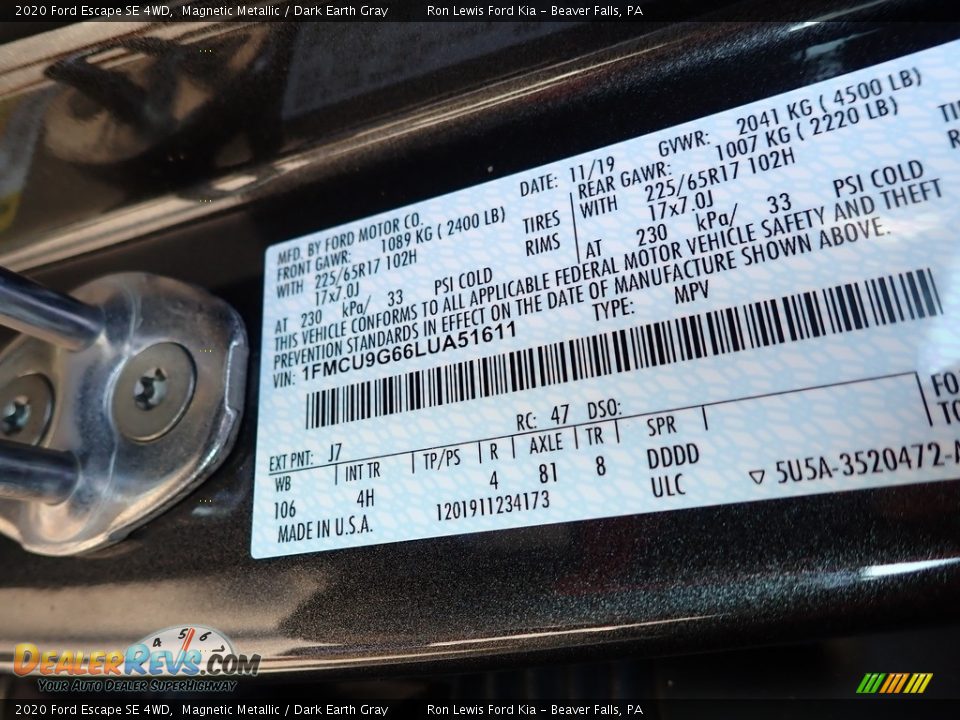 2020 Ford Escape SE 4WD Magnetic Metallic / Dark Earth Gray Photo #14