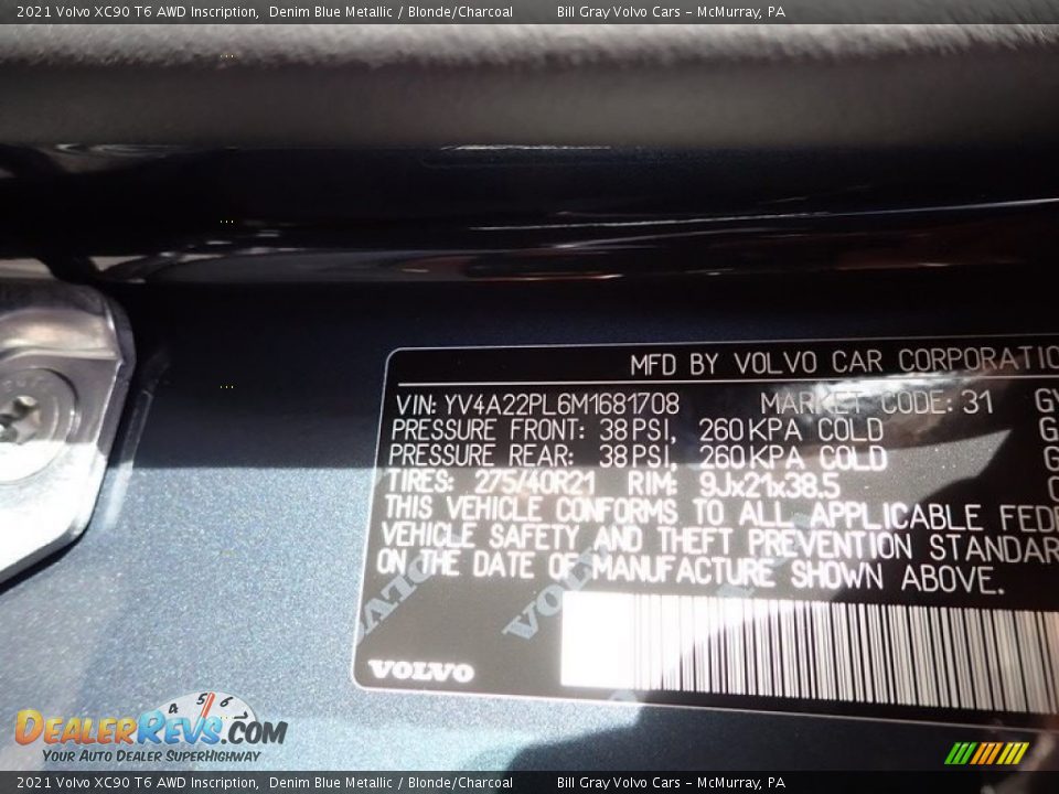 2021 Volvo XC90 T6 AWD Inscription Denim Blue Metallic / Blonde/Charcoal Photo #11