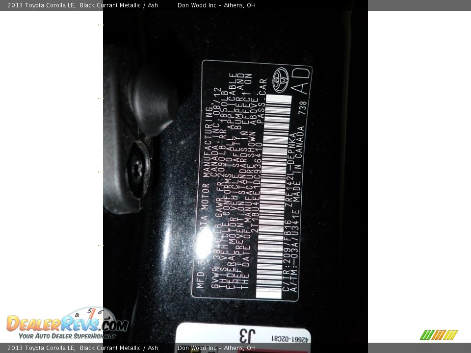 2013 Toyota Corolla LE Black Currant Metallic / Ash Photo #32