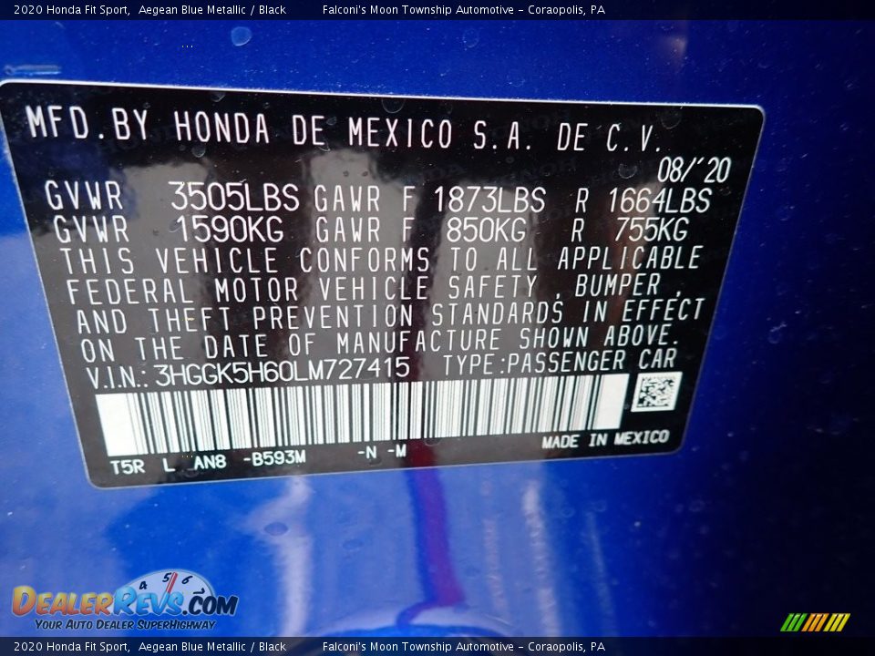 2020 Honda Fit Sport Aegean Blue Metallic / Black Photo #13