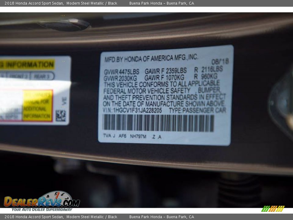 2018 Honda Accord Sport Sedan Modern Steel Metallic / Black Photo #36