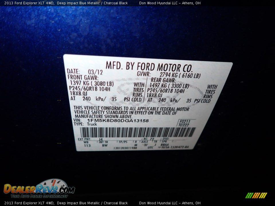 2013 Ford Explorer XLT 4WD Deep Impact Blue Metallic / Charcoal Black Photo #34