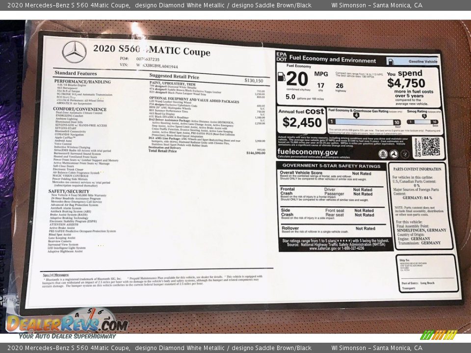 2020 Mercedes-Benz S 560 4Matic Coupe Window Sticker Photo #10