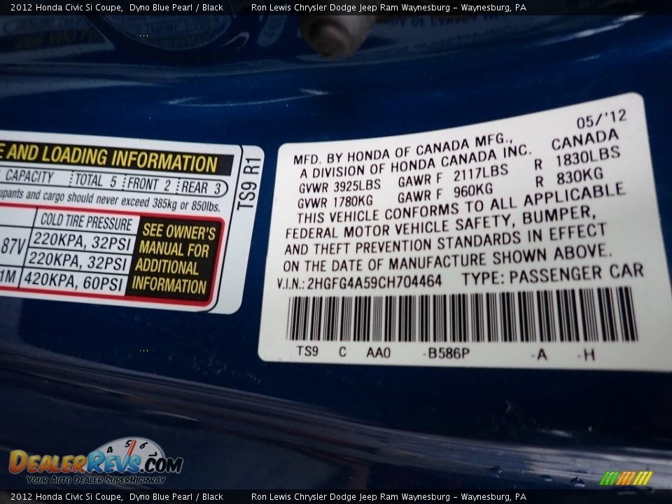 2012 Honda Civic Si Coupe Dyno Blue Pearl / Black Photo #15