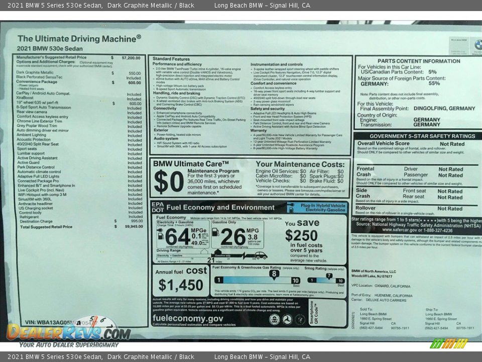 2021 BMW 5 Series 530e Sedan Window Sticker Photo #17