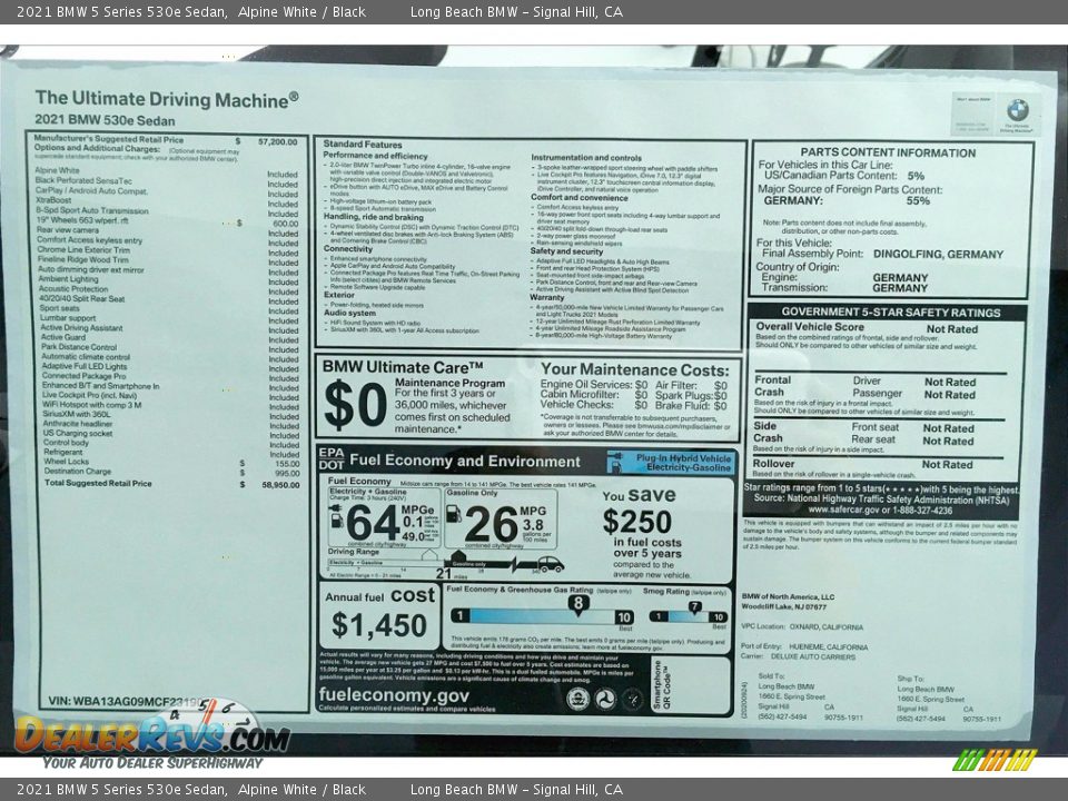2021 BMW 5 Series 530e Sedan Window Sticker Photo #17