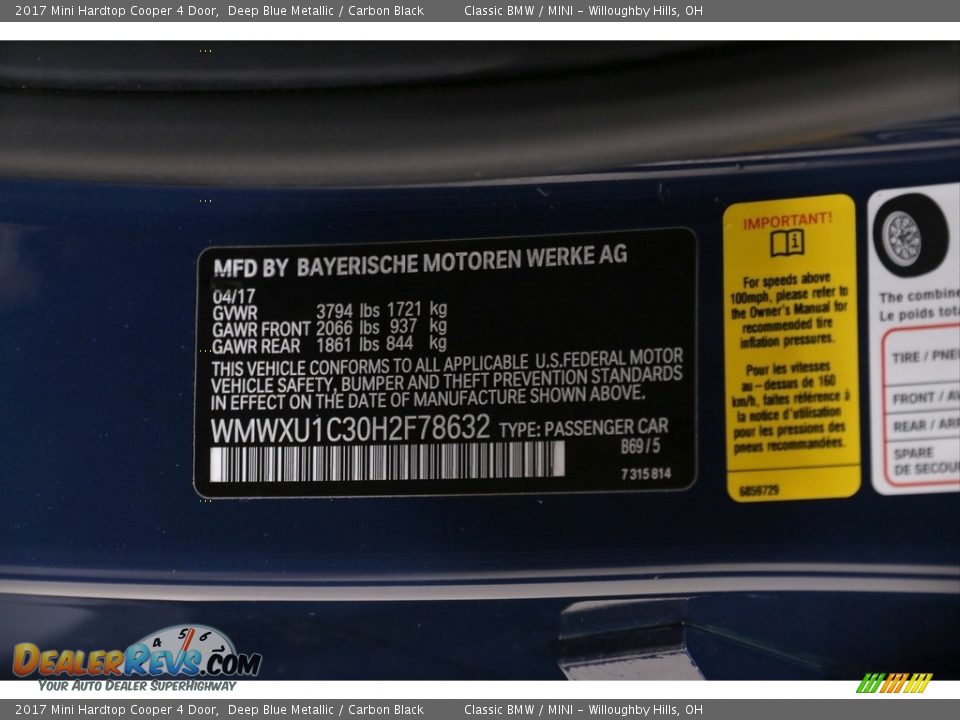2017 Mini Hardtop Cooper 4 Door Deep Blue Metallic / Carbon Black Photo #33