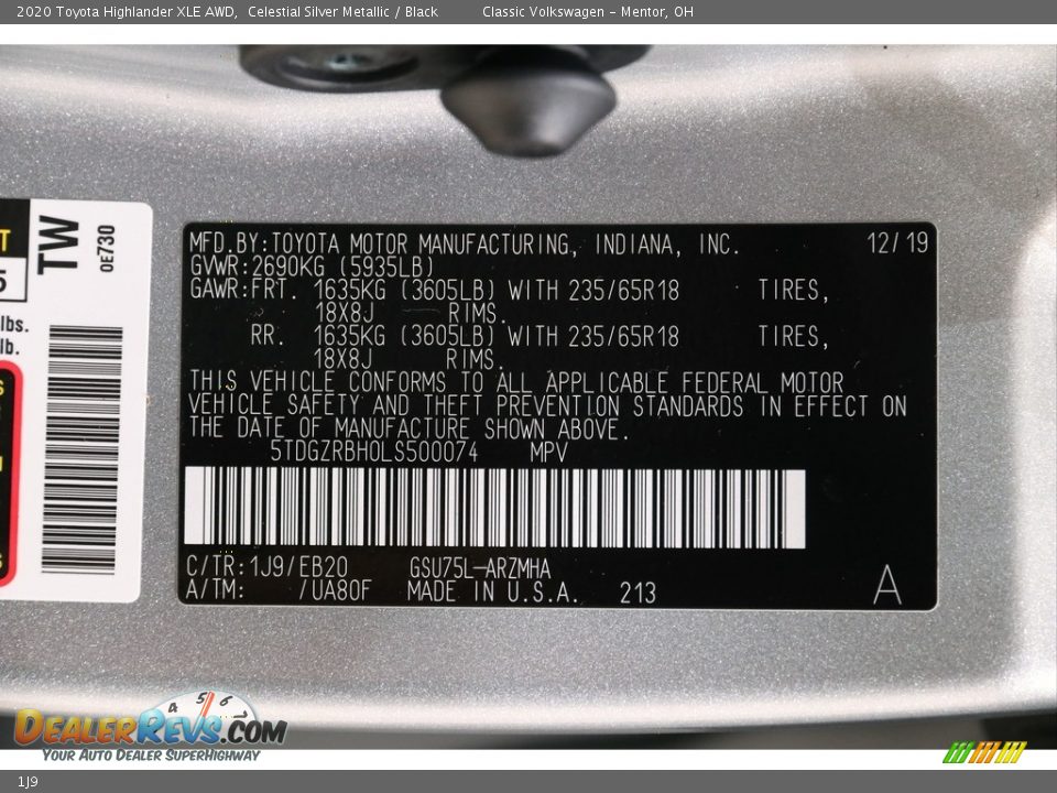 Toyota Color Code 1J9 Celestial Silver Metallic