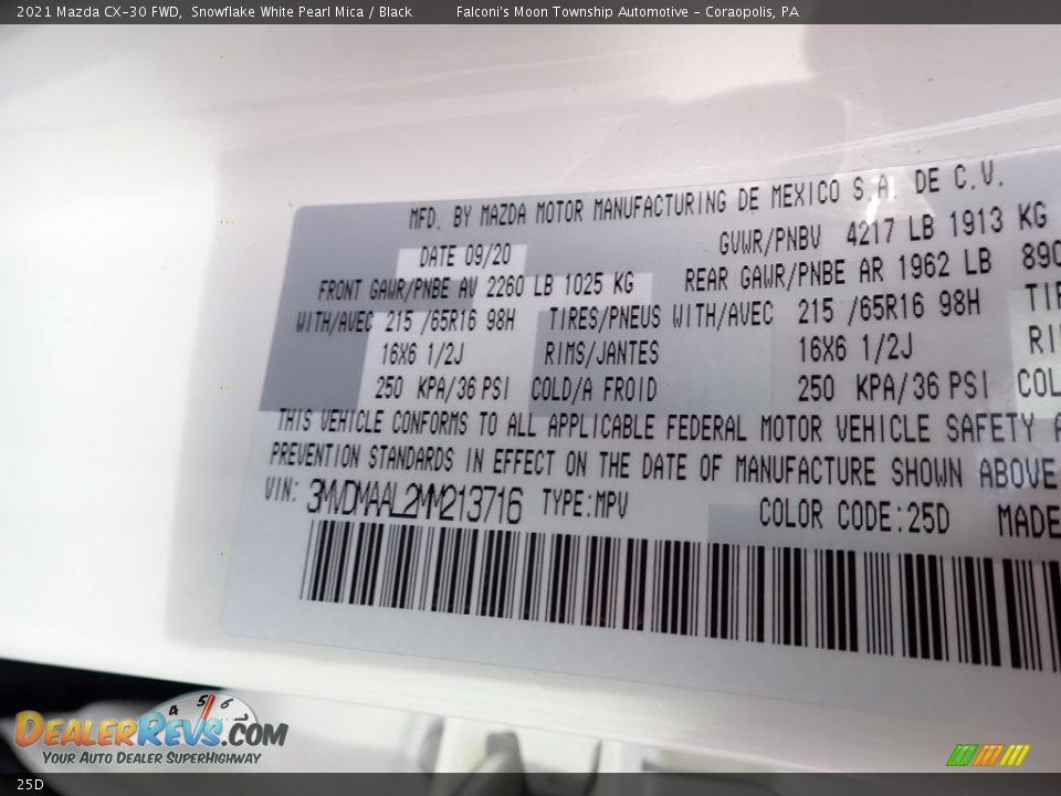 Mazda Color Code 25D Snowflake White Pearl Mica