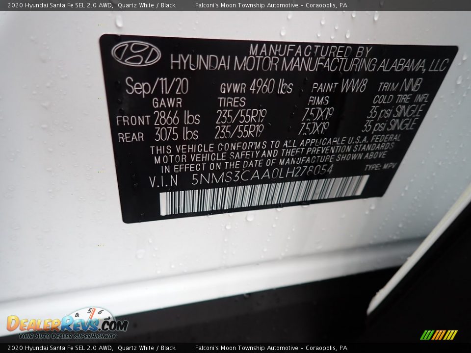 2020 Hyundai Santa Fe SEL 2.0 AWD Quartz White / Black Photo #11