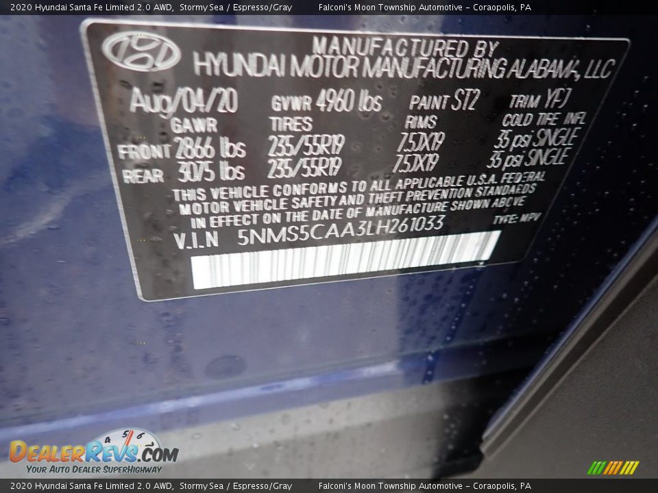 2020 Hyundai Santa Fe Limited 2.0 AWD Stormy Sea / Espresso/Gray Photo #12