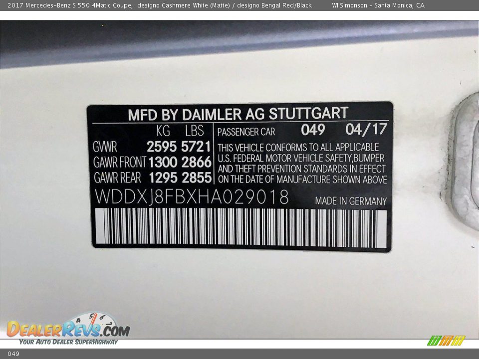 Mercedes-Benz Color Code 049 designo Cashmere White (Matte)