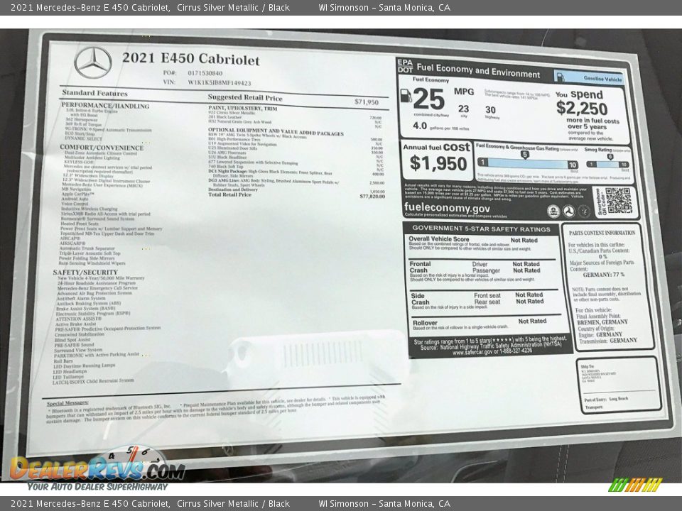 2021 Mercedes-Benz E 450 Cabriolet Window Sticker Photo #10