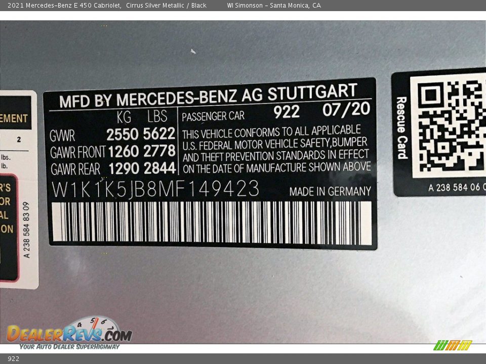 Mercedes-Benz Color Code 922 Cirrus Silver Metallic