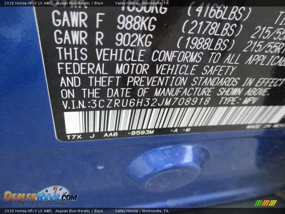 2018 Honda HR-V LX AWD Aegean Blue Metallic / Black Photo #19