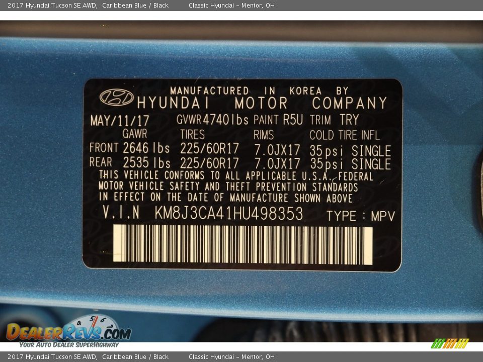 2017 Hyundai Tucson SE AWD Caribbean Blue / Black Photo #19