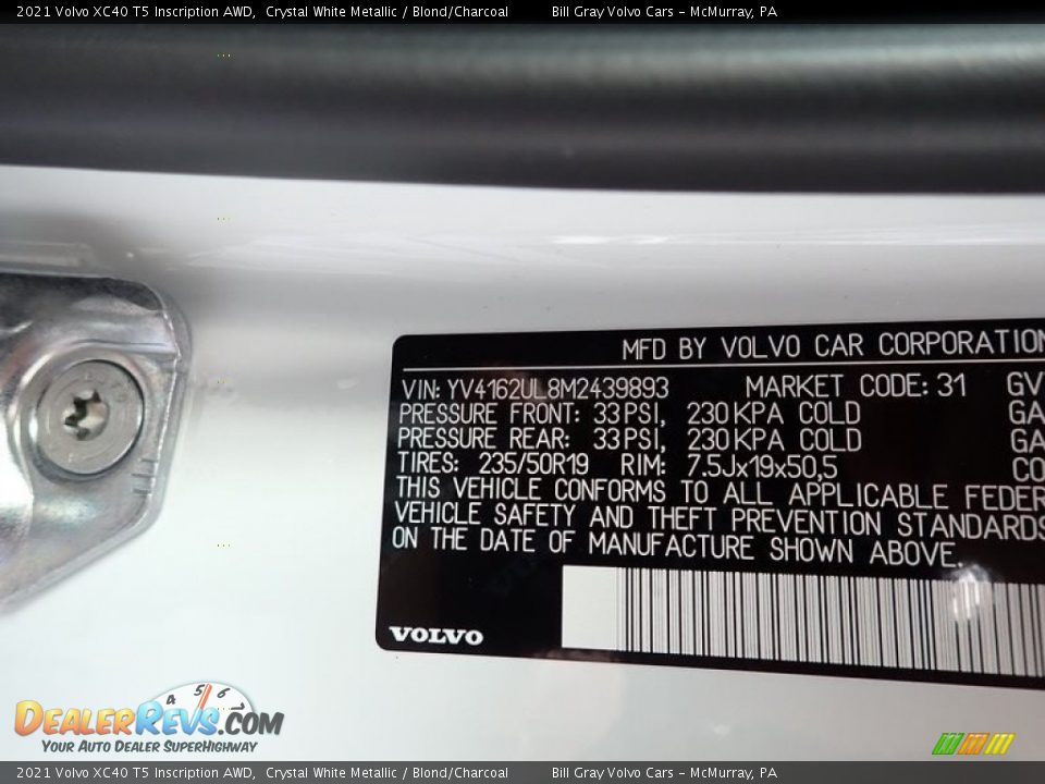 2021 Volvo XC40 T5 Inscription AWD Crystal White Metallic / Blond/Charcoal Photo #11