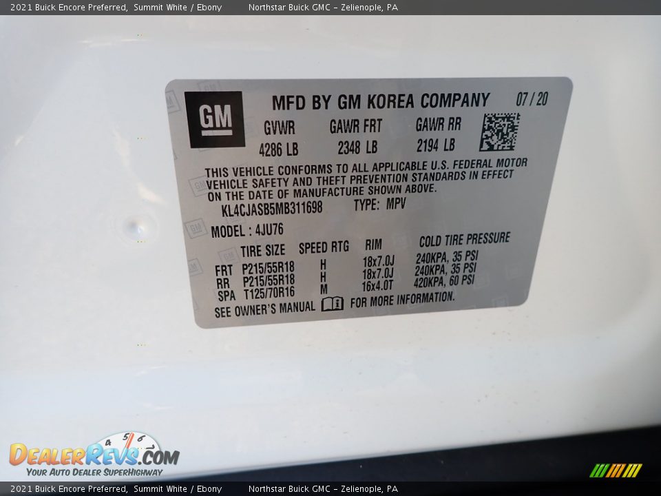 2021 Buick Encore Preferred Summit White / Ebony Photo #11