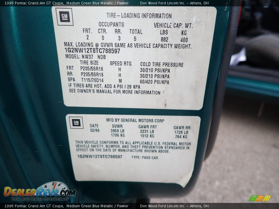 1996 Pontiac Grand Am GT Coupe Medium Green Blue Metallic / Pewter Photo #17
