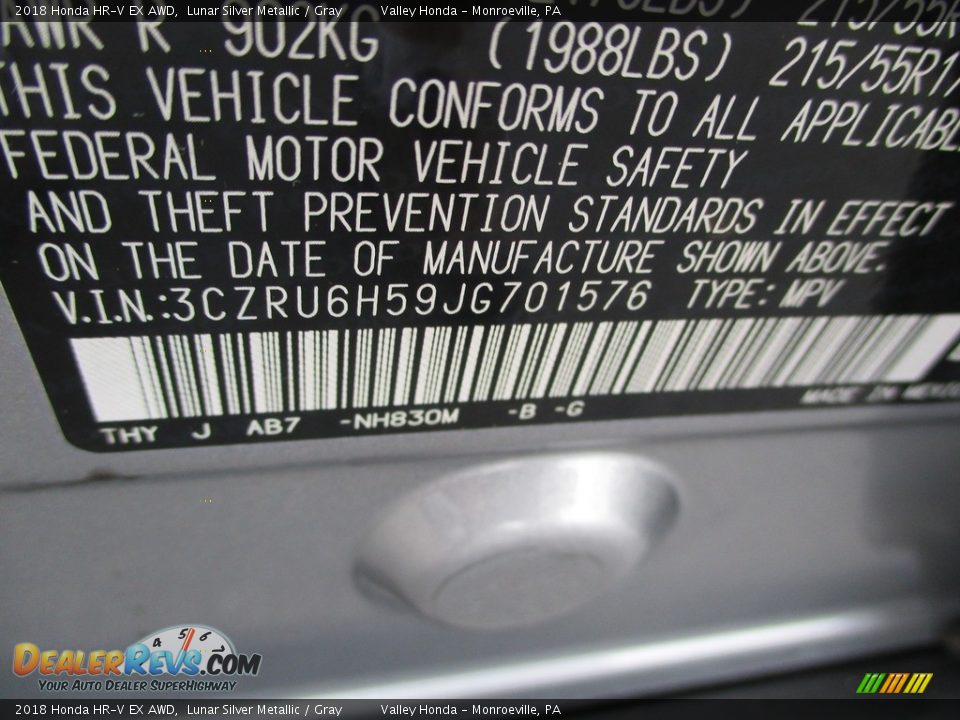 2018 Honda HR-V EX AWD Lunar Silver Metallic / Gray Photo #19