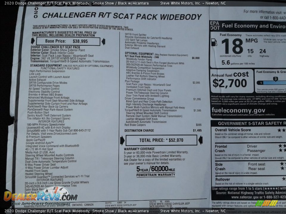 2020 Dodge Challenger R/T Scat Pack Widebody Window Sticker Photo #25
