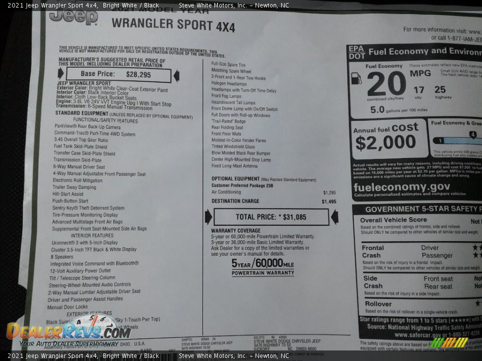 2021 Jeep Wrangler Sport 4x4 Window Sticker Photo #26