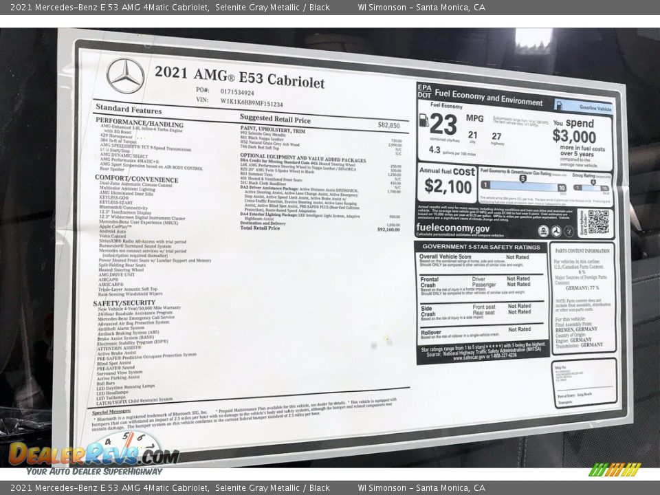 2021 Mercedes-Benz E 53 AMG 4Matic Cabriolet Window Sticker Photo #10