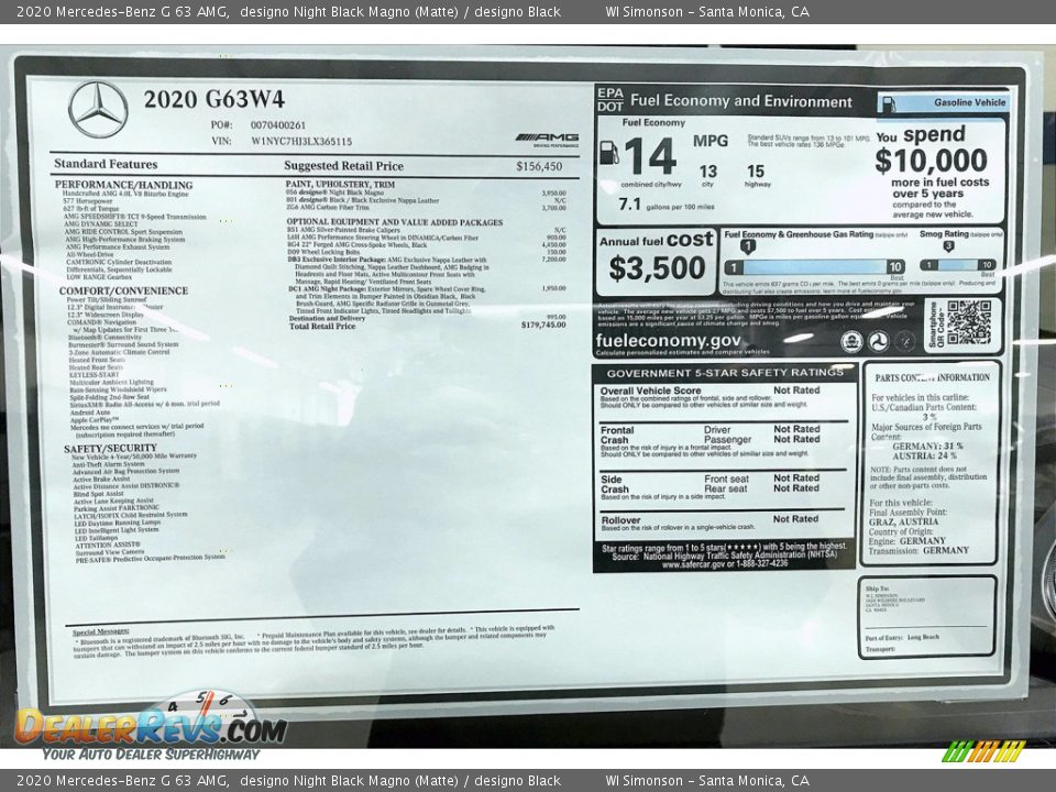 2020 Mercedes-Benz G 63 AMG Window Sticker Photo #10