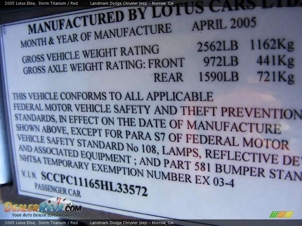 Info Tag of 2005 Lotus Elise  Photo #23