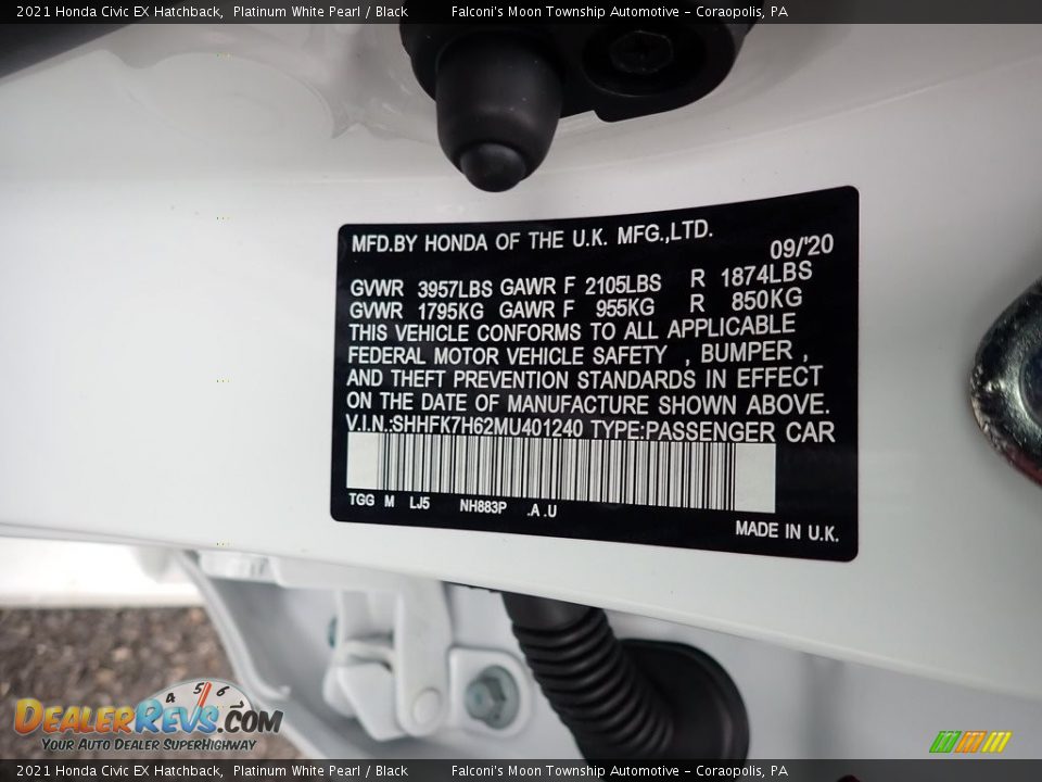 2021 Honda Civic EX Hatchback Platinum White Pearl / Black Photo #12