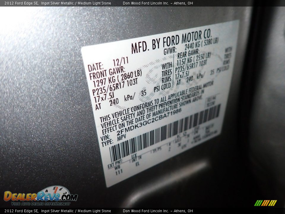 2012 Ford Edge SE Ingot Silver Metallic / Medium Light Stone Photo #33