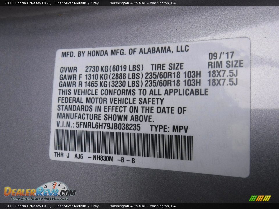 2018 Honda Odyssey EX-L Lunar Silver Metallic / Gray Photo #27