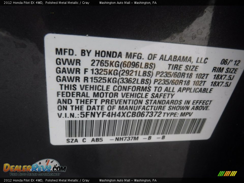 2012 Honda Pilot EX 4WD Polished Metal Metallic / Gray Photo #29