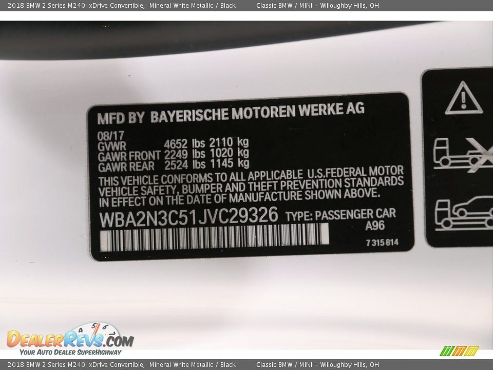 2018 BMW 2 Series M240i xDrive Convertible Mineral White Metallic / Black Photo #36